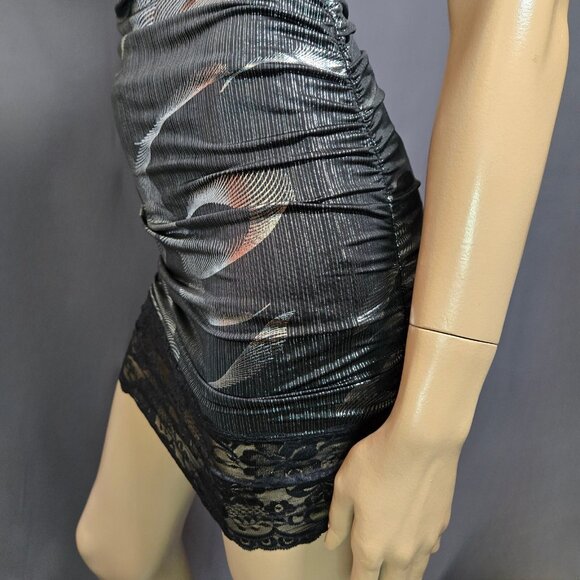 Y2K Trashy Mcbling Mini Dress Size M Silver Black metallic Rhinestone Lace Trim - Picture 6 of 10